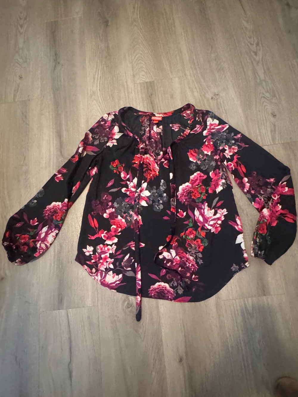 Kirna Zabete Black Blouse with Pink and Red Floral Print